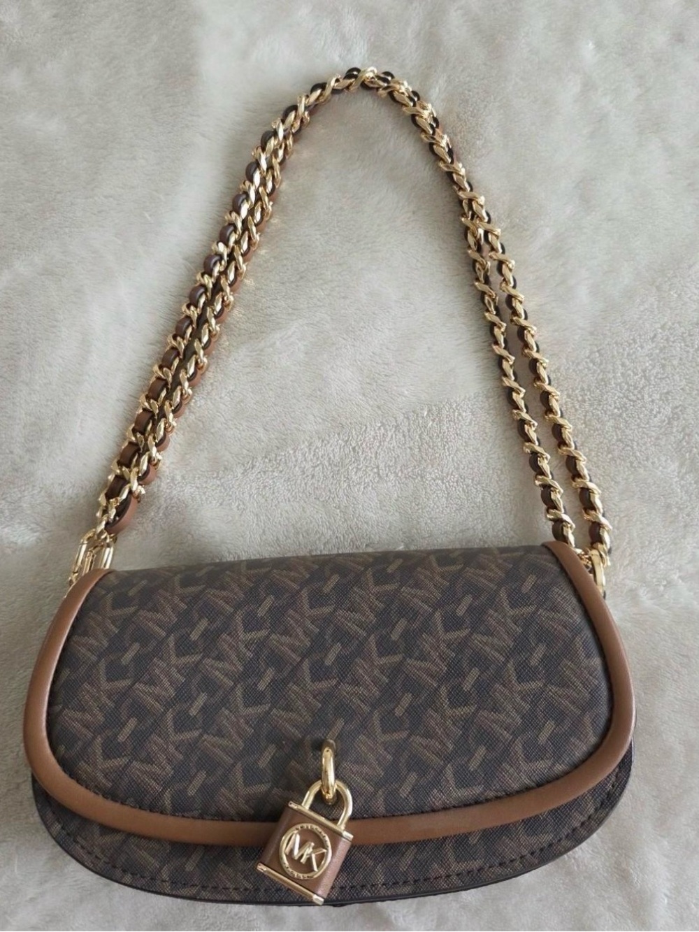Michael Kors Brown Monogram Shoulder Bag with Gold Chain Strap